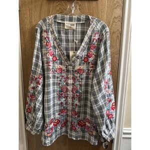 Savanna Jane Plaid Long Sleeve Floral Embroidered Top Black White Multicolor 2X
